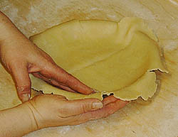 Pressing the pie crust into the pie plate